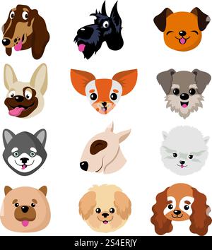 Lustige Comic-Hundegesichter. Niedliches Hündchen Tiervektor-Set. Sammlung von Hund und Hund lustige Haustiere Illustration. Lustige Comic-Hundegesichter. Niedliches Hündchen Tiervektor-Set Stock Vektor