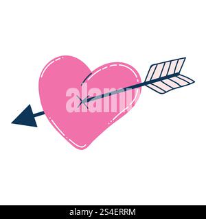 Niedliches Cartoon-Herz, durchbohrt von einem Pfeil aus Cupid in flachem Stil. Fall-in-Love-Konzept. Stock Vektor