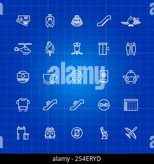 Symbole für Luftfahrt oder Flughafen auf blauem Hintergrund. Vektorabbildung. Symbole für Luftfahrt oder Flughafen auf blauem Hintergrund Stock Vektor