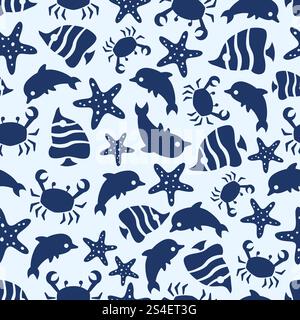 Sealife nahtloses Muster mit Fischen, Meeressternen, Krabben und Delfinen. Hintergrund nahtlose Muster Meeresfisch und Seesterne. Vektorabbildung. Sealife nahtloses Muster mit Fischen, Meeressternen, Krabben und Delfinen Stock Vektor