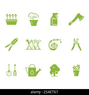 Grüne Gartenwerkzeuge und Zubehörsymbole. Bewässerung und Werkzeuge für den Gartenbau, Vektorillustration. Grüne Gartenwerkzeuge und Zubehörsymbole Stock Vektor