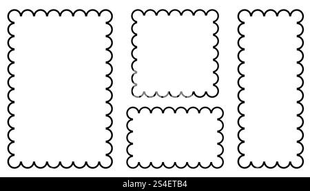 Schwarze Konturrahmen mit gewellten Kanten, die auf weiß isoliert sind. Einfache Etiketten mit Zick-Zack-Rahmen. Wiggly Shapes Stock Vektor
