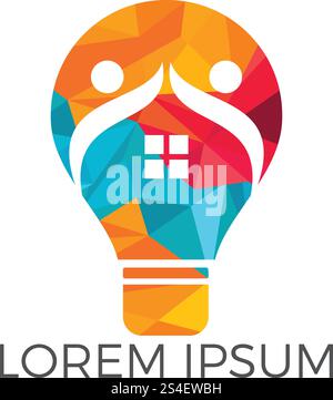 Smart-House-Logo-Vorlage. Glühlampe mit Gebäude- und People-Logo. Konzept für intellektuelles Heim, Wohnung oder Hütte. Stock Vektor