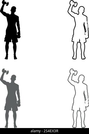 Mann, der Übungen mit Kurzhanteln macht Sport Action männlich Workout Silhouette Vorderansicht Symbol Set grau schwarz Farbe Vektor Illustration Umriss flache Stil einfaches Bild Stock Vektor