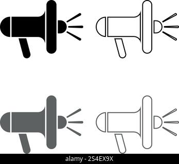 Lautsprecher Megafon-symbol set Grau Schwarz Vector Illustration Umrisse flacher Stil einfach Bild Stock Vektor