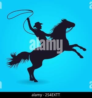 Silhouette eines Cowboys mit Lasso, der auf Pferd reitet. Silhouette eines männlichen ReiterCowboys mit Lasso. Vektorabbildung. Silhouette eines Cowboys mit Lasso, der auf Pferd reitet Stock Vektor