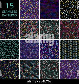Postmoderne Mode memphis Colour nahtlose Retro-Hintergründe im Stil der 80er und 90er Jahre. Sammlung von Mustern mit Illustration von Farbelementen. Postmoderne Mode memphis Colour nahtlose Retro-Hintergründe im Stil der 80er und 90er Jahre Stock Vektor