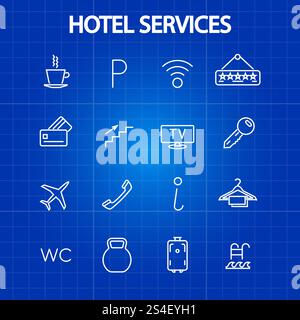 Hotelservices mit dünnen Symbolen. Tourismus- und Urlaubssymbol. Vektorabbildung. Hotelservices mit dünnen Symbolen Stock Vektor