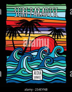Vintage hawaii Aloha Surf Grafik mit Ozeanwellen und Palmen Vektor T-Shirt Design. Surfen Sie auf Meereswellen und Palmen, farbige Illustration im Vintage-Stil. Vintage hawaii Aloha Surf Grafik mit Ozeanwellen und Palmen Vektor T-Shirt Design Stock Vektor