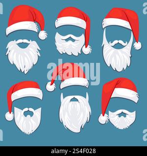 Weihnachtsmann rote Hüte mit weißem Schnurrbart und Bärten Vektor Set. weihnachtsmann Maske mit Bart für Weihnachtsfeiertage Illustration. Weihnachtsmann rote Hüte mit weißem Schnurrbart und Bärten Vektor Set Stock Vektor