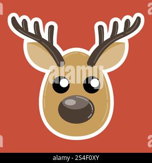Niedlicher Zeichentrickfilm-Weihnachtshirsch-Aufkleber isoliert auf rotem Hintergrund. Grußkarte oder Poster. Stock Vektor