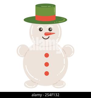 Niedlicher Cartoon fröhlicher Schneemann mit grünem Hut im flachen Stil. Design-Element für frohe Winterferien. Stock Vektor
