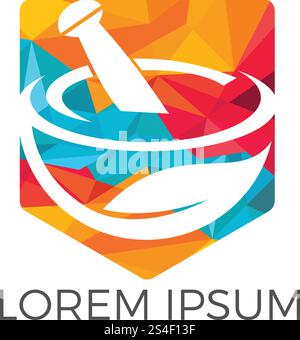 Pharmazeutisches medizinisches Logo-Design. Logos aus natürlichem Mörtel und Pistill, medizinische Kräuterbildungs-Symbol-Vektordesign. Stock Vektor