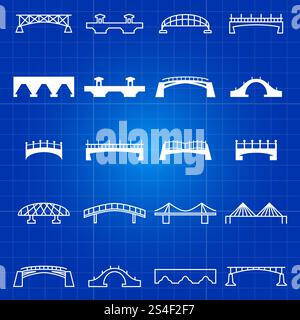 Weiße Umrisse und dünne Linien überbrücken Symbole. Umriss Brückenarchitektur Stadt, Vektor-Illustration. Weiße Umrisse und dünne Linien überbrücken Symbole Stock Vektor