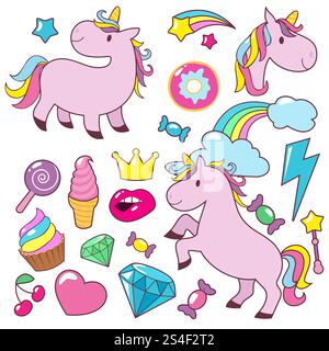 Magische niedliche Einhörner Baby Pferde Vektor Charakter Sammlung. Magisches Pferd Einhorn, Kuchen und Krone, Diamant und Eis Illustration. Magische niedliche Einhörner Baby Pferde Vektor Charakter Sammlung Stock Vektor