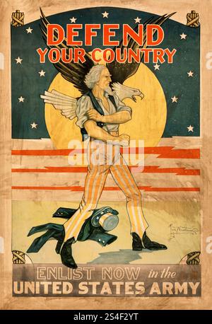 Verteidige dein Land, melde dich jetzt an, United States Army - Propaganda-Meisterstück des Zweiten Weltkriegs. Onkel Sam. Tom Woodburn Artwork (Druckbüro der US-Regierung, 1940) Stockfoto