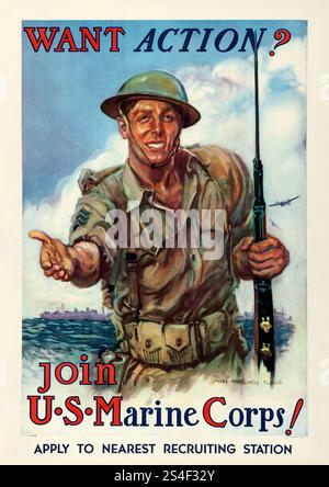 Wollen Sie Action – werden Sie Mitglied des U.S. Marine Corps (U.S. Government Printing Office, 1942). Recruitment Poster aus dem Zweiten Weltkrieg – James Montgomery Flagg Artwork – Marine mit Gewehr Stockfoto