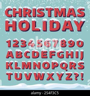 Vektorschriftart für Weihnachtsfeiertage. Retro-3D-Buchstaben mit Schneekappen. Weihnachtsschriftart mit Schnee und Eis, abc und Ziffern-Illustration. Vektorschriftart für Weihnachtsfeiertage. Retro-3D-Buchstaben mit Schneekappen Stock Vektor
