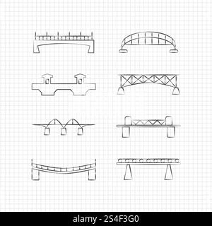 Überbrückt dünne Linien auf der Notizbuchseite. Set der Brücke, Vektorillustration. Überbrückt Symbole für dünne Linien Stock Vektor
