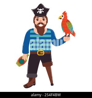 Karikaturpirat mit Holzbein, Ara-Papagei und Flasche Rum in flachem Stil. Zeichentrickfigur. Stock Vektor