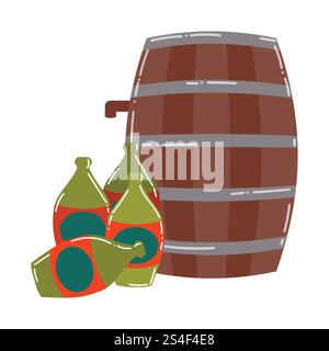 Cartoon leere Rum-Flaschen und ein Fass alkoholischer Getränke. Seeräuberalk auf dem Schiff. Stock Vektor