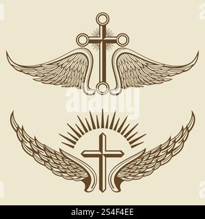 Vintage-Kreuz- und Flügelvektorelemente. Heraldische Illustration des grafischen Emblems. Vintage-Kreuz- und Flügelvektorelemente Stock Vektor