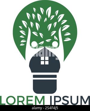 Smart-House-Logo-Vorlage. Glühbirne mit Baumhaus und People Logo. Konzept für intellektuelles Heim, Wohnung oder Hütte. Stock Vektor