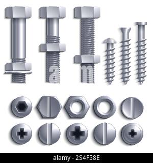Metallschrauben, Stahlbolzen, Muttern, Nägel und Nieten isoliert auf weißem Vektorsatz. Stahlschraube und -Mutter, Niet und Bolzen, Metalldarstellung. Metallschrauben, Stahlbolzen, Muttern, Nägel und Nieten isoliert auf weißem Vektorsatz Stock Vektor