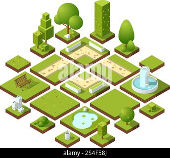 Isometrische urbane Elemente und Gartendekoration. Bänke, Springbrunnen und Büsche. Vektorillustrationssatz. Städtische Dekorationselemente für Garten oder Park, Landschaftsdesign-Elemente für den Außenbereich. Isometrische urbane Elemente und Gartendekoration. Bänke, Springbrunnen und Büsche. Vektorillustrationssatz Stock Vektor