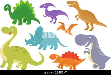 Niedliche Zeichentrickfilme Dinosaurier Vektor-ClipArt. Lustige Dino-Chatacter für die Babysammlung. Lustige Figur Dino-Zeichentrick-Illustration Illustration. Niedliche Zeichentrickfilme Dinosaurier Vektor-ClipArt. Lustige Dino-Chatacter für die Babysammlung Stock Vektor