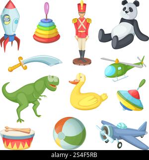 Vektor-Illustration von lustigen Zeichentrickspielzeugen für Kinder isolieren auf weißem Hintergrund. Zeichentrickflugzeug und Spielzeuge Tier-, Wirbeltier- und Raketenspielzeug. Vektor-Illustration von lustigen Zeichentrickspielzeugen für Kinder isolieren auf weißem Hintergrund Stock Vektor