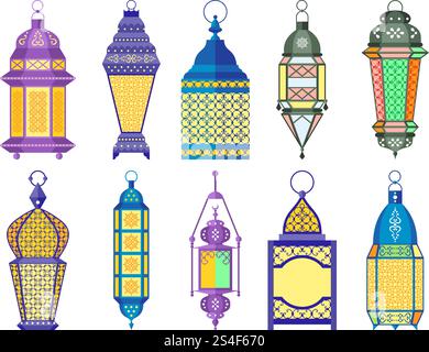 Ramadan alte Lampen und Laternen im arabischen Stil. Vektorabbildungen. Farbige Laterne für ramadan, helle Laterne dekorativ. Ramadan alte Lampen und Laternen im arabischen Stil. Vektorabbildungen Stock Vektor