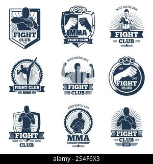 Retro-mma-Vektorembleme und -Etiketten. Fight Club Vintage Logos. Emblem Logo Sport Boxen und mma Club Illustration. Retro-mma-Vektorembleme und -Etiketten. Fight Club Vintage Logos Stock Vektor