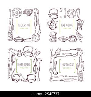Küchenelemente Rahmen und Platz für Ihren Text. Hintergrund des Lebensmittelvektors. Vorlage des Rahmens Restaurantmenü mit Küchenutensilien, Illustration von Kochküche Küchenutensilien. Küchenelemente Rahmen und Platz für Ihren Text. Hintergrund des Lebensmittelvektors Stock Vektor