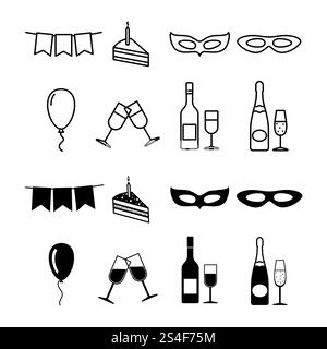 Geburtstagsfeier-Icons-Kollektion – Set mit Party-Silhouette und -Linien. Vektorabbildung. Geburtstagsfeier-Icons-Kollektion – Set mit Party-Silhouette und -Linien Stock Vektor