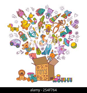 Kinderbox für Spielzeug. Kritzelbilder Vektor-Illustration. Sammlung von Kinderspielzeug, Farbspielzeug für Kinder in der Box. Kinderbox für Spielzeug. Kritzelbilder Vektor-Illustration Stock Vektor