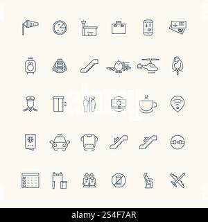 Icon-Kollektion für Flughafen und Luftfahrt. Stewardess und Taxi Flughafen, Flugzeug und Luftfahrt Illustration. Icon-Kollektion für Flughafen und Luftfahrt Stock Vektor