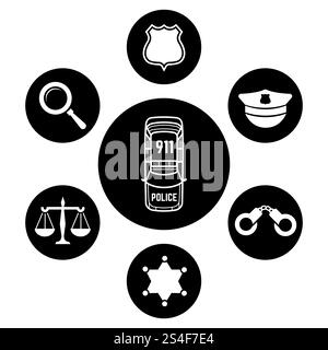 Polizeikonzept mit Auto- und Zubehörsymbolen. Illustration der Vektorabwicklung. Polizeikonzept mit Auto- und Zubehörsymbolen Stock Vektor