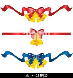 Set festlicher Glocken mit rotem und blauem Band auf weißem Hintergrund. Stock Vektor
