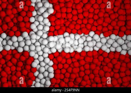 Viele kleine bunte Kugeln, die die Nationalflagge Dänemarks bilden. 3D-Bild rendern. Stockfoto