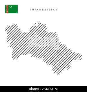 Turkmenistan-Karte nach Muster schwarzer schräg paralleler Linien. Turkmenische Karte mit grauen diagonalen Linien. Silhouette eines Landes aus schrägen Hatchi Stockfoto