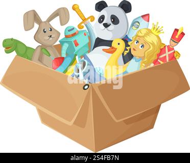 Kinderspielzeug in Pappkarton. Lustige Vektorillustration isoliert auf weißem Hintergrund. Babyspielzeug Rakete und Soldat in der Box, Dinosaurier- und Schwertspielzeug. Kinderspielzeug in Pappkarton. Lustige Vektorillustration isoliert auf weißem Hintergrund Stock Vektor