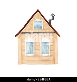 Altes ländliches Dorfhaus. Digitale Illustration mit Aquarell. Niedliche Holzhütte mit Kamin, isoliert auf weißem Hintergrund. Fenster mit Vorhängen und geschnitzt Stockfoto