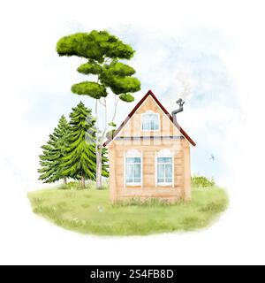 Ländliches Dorfhaus auf Frühlingsrasen. Digitale Illustration mit Aquarell. Niedliche Holzhütte mit Kamin isoliert auf weißem Hintergrund. Fenster mit Vorhängen Stockfoto