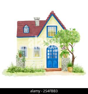 Dorfhaus mit rotem Ziegeldach und Vorhängen an den Fenstern. Digitale Illustration mit Aquarell. Hütte mit Kamin und grünem Baum in der Nähe, isoliert auf weißem bac Stockfoto