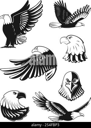 Schwarzweiß-Illustrationen Set von Adlern. Vektorelemente für Logo-, Abzeichen- oder Etikettendesign. Vogeladler Silhouette, Freiheit Adler fliegende Illustration. Schwarzweiß-Illustrationen Set von Adlern. Vektorelemente für Logo-, Abzeichen- oder Etikettendesign Stock Vektor