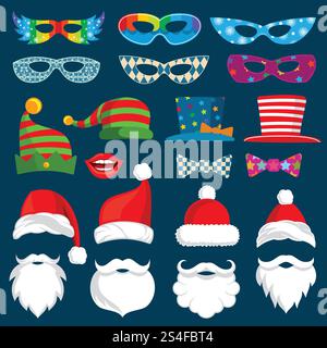 Glückliches neues Jahr und Weihnachten Papier Fotokabine Requisiten isolierte Vektorsatz. Weihnachtsbart für Fotokabine, Maske Kostüm Illustration. Glückliches neues Jahr und Weihnachten Papier Fotokabine Requisiten isolierte Vektorsatz Stock Vektor