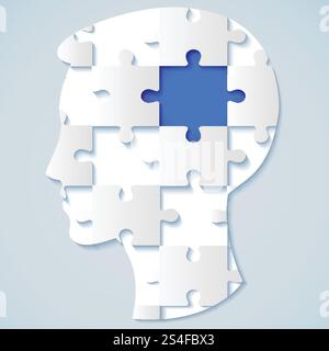 Menschliches Gesicht in Form eines Puzzles mit einer blauen Mitte. Geschäftskonzept Stock Vektor