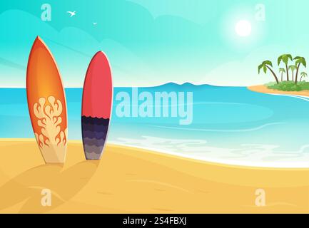Surfbretter in verschiedenen Farben. Meer und Sandstrand. Vektor Sommer Hintergrund Illustration. Urlaub Meer Sommer mit farbigem Surfbrett. Surfbretter in verschiedenen Farben. Meer und Sandstrand. Vektor Sommer Hintergrund Illustration Stock Vektor