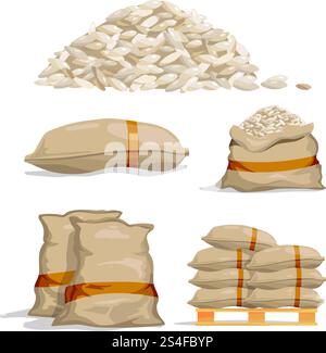Verschiedene Säcke mit weißem Reis. Illustration des Vektors zur Lagerung von Lebensmitteln. Kornreis im Beutel, Sack mit Reis. Verschiedene Säcke mit weißem Reis. Vektordarstellungen zur Lagerung von Lebensmitteln Stock Vektor